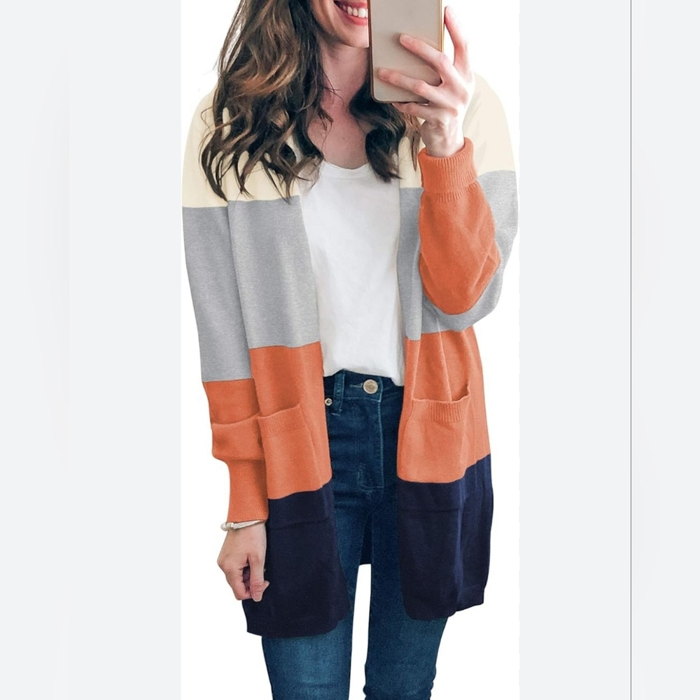 Tasamo Womens M Colorblock Knit Cardigan Sweater Open Front 2 Pocket Longline